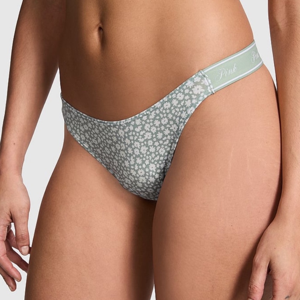 PINK VS Logo Cotton High-Leg Thong Panty Sz M Smooth Iceberg Green Floral Print